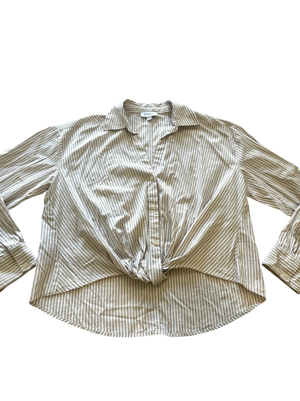Evereve Light Beige & White Striped Button-Front Shirt twist front Sz Large